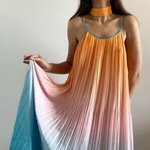 Coast | Orange pink blue ombre pleated maxi slip dress with belt | Size S | NWT